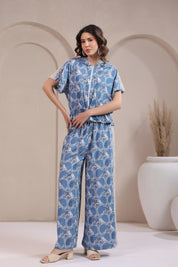 Women’s Blue Rayon Printed Co-Ord Set with Lace & Zip-Style Shirt