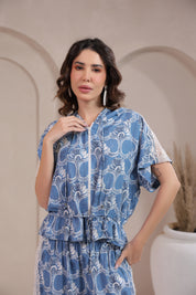 Women’s Blue Rayon Printed Co-Ord Set with Lace & Zip-Style Shirt