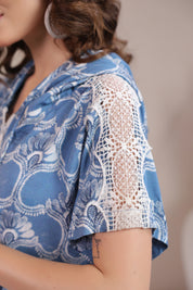 Women’s Blue Rayon Printed Co-Ord Set with Lace & Zip-Style Shirt