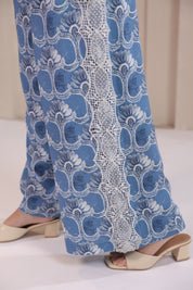 Women’s Blue Rayon Printed Co-Ord Set with Lace & Zip-Style Shirt