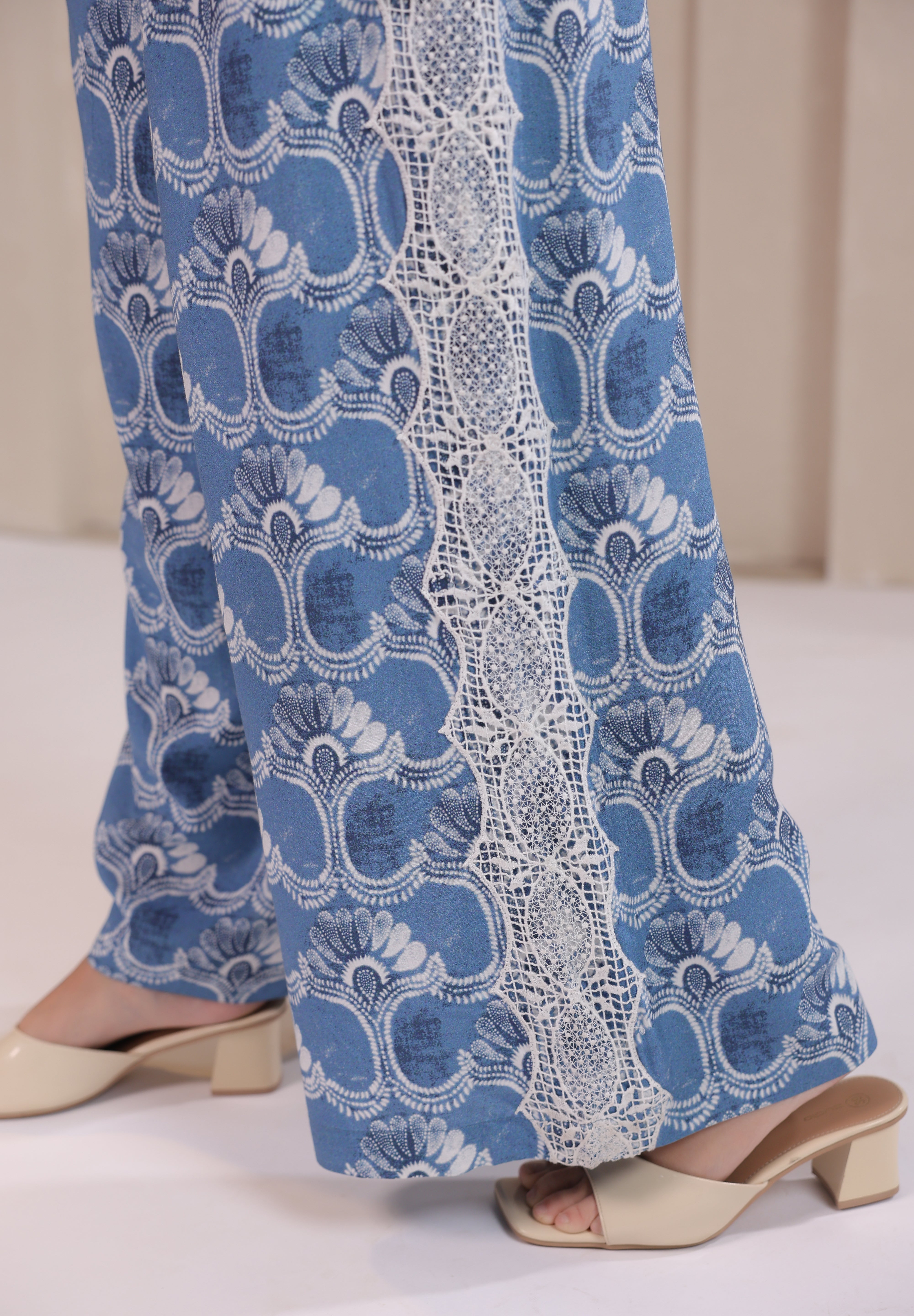 Women’s Blue Rayon Printed Co-Ord Set with Lace & Zip-Style Shirt