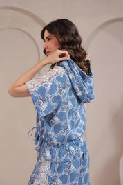 Women’s Blue Rayon Printed Co-Ord Set with Lace & Zip-Style Shirt