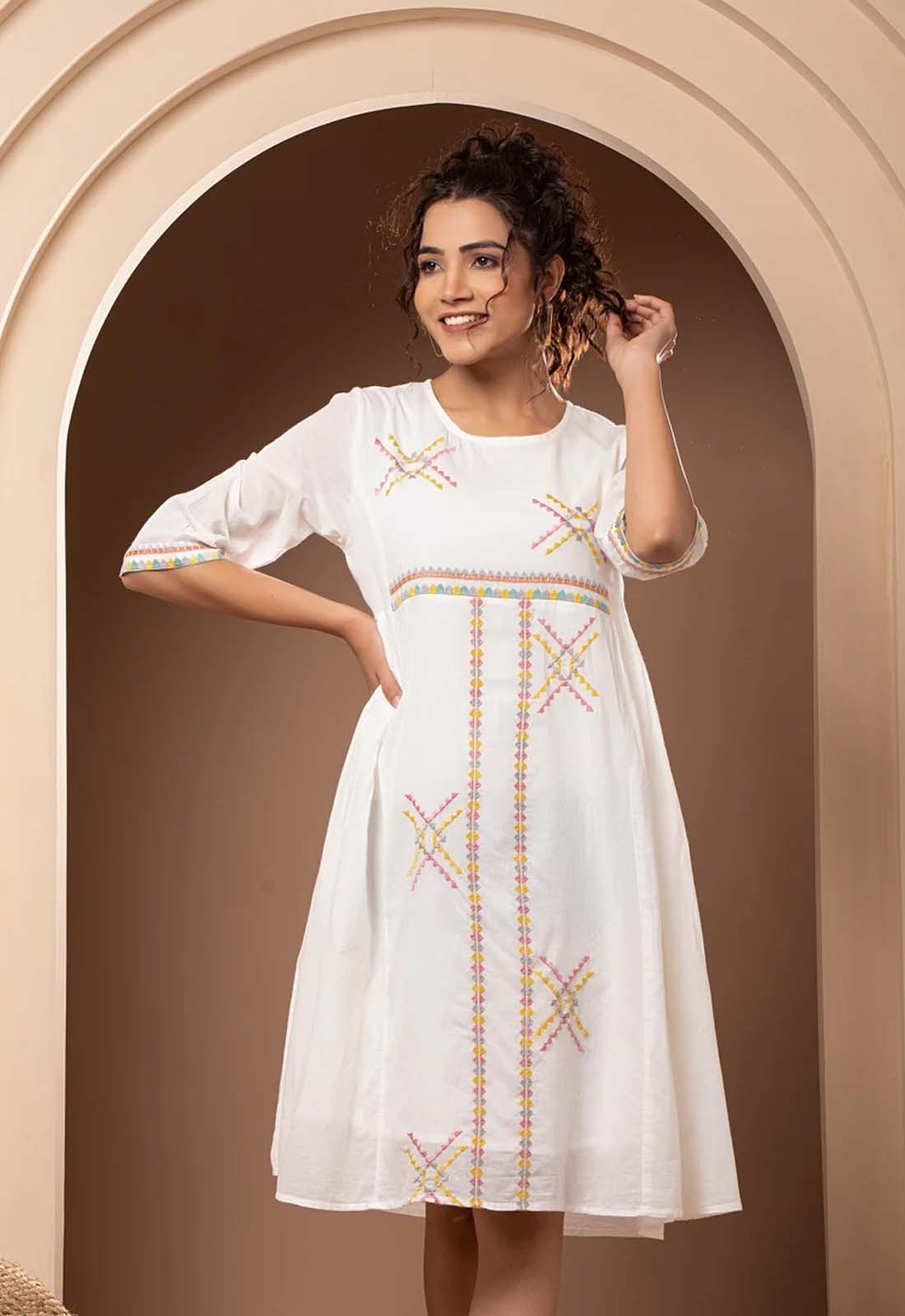Women Cotton Embroidered Flared Midi Dress