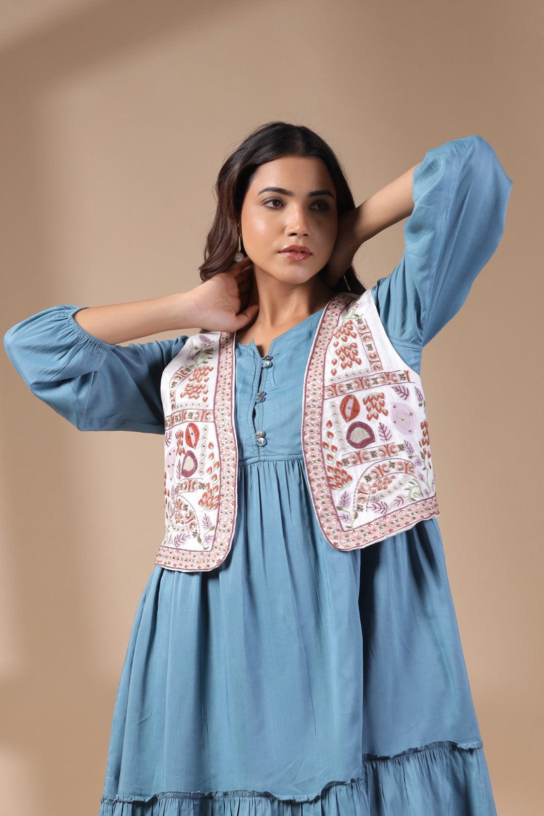 Women Floral Crop Open Front Jacket with Embroidered