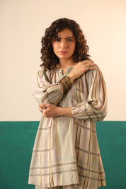 Beige Striped Viscose Santoon Kurti & Pant Set for Women - Nyaro