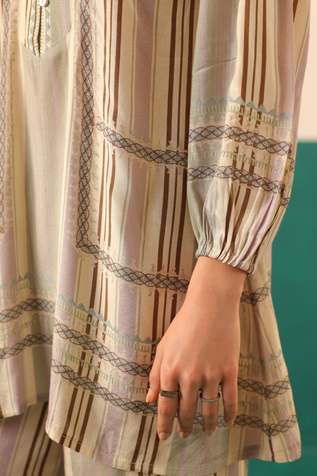 Beige Striped Viscose Santoon Kurti & Pant Set for Women - Nyaro