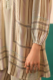 Beige Striped Viscose Santoon Kurti & Pant Set for Women - Nyaro