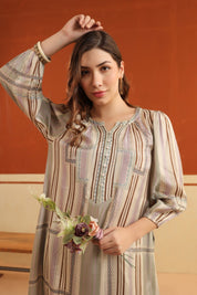 Beige Striped Viscose Santoon Kurti & Pant Set for Women - Nyaro