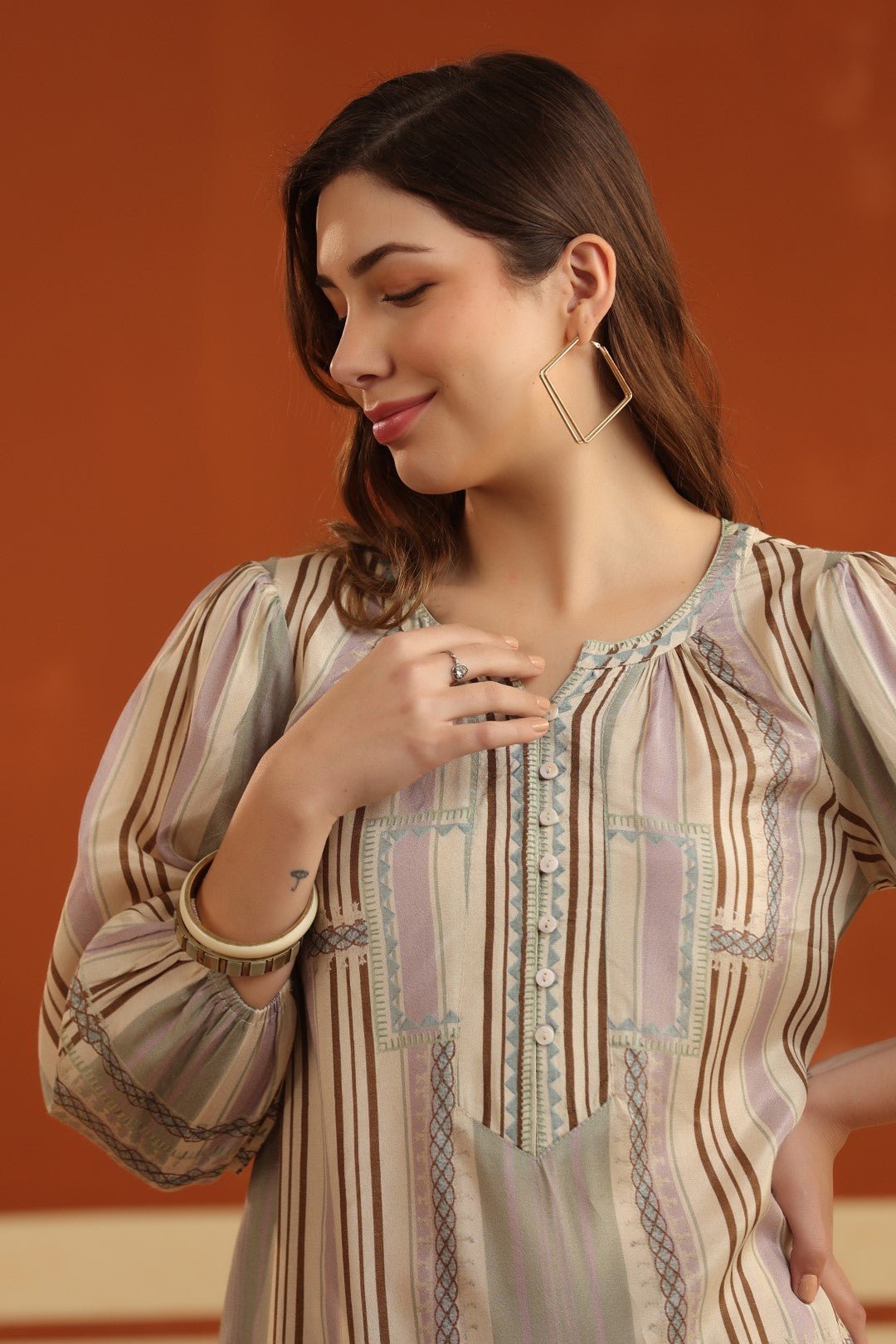 Beige Striped Viscose Santoon Kurti & Pant Set for Women - Nyaro