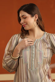 Beige Striped Viscose Santoon Kurti & Pant Set for Women - Nyaro