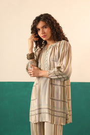 Beige Striped Viscose Santoon Kurti & Pant Set for Women - Nyaro