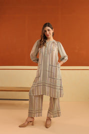Beige Striped Viscose Santoon Kurti & Pant Set for Women - Nyaro