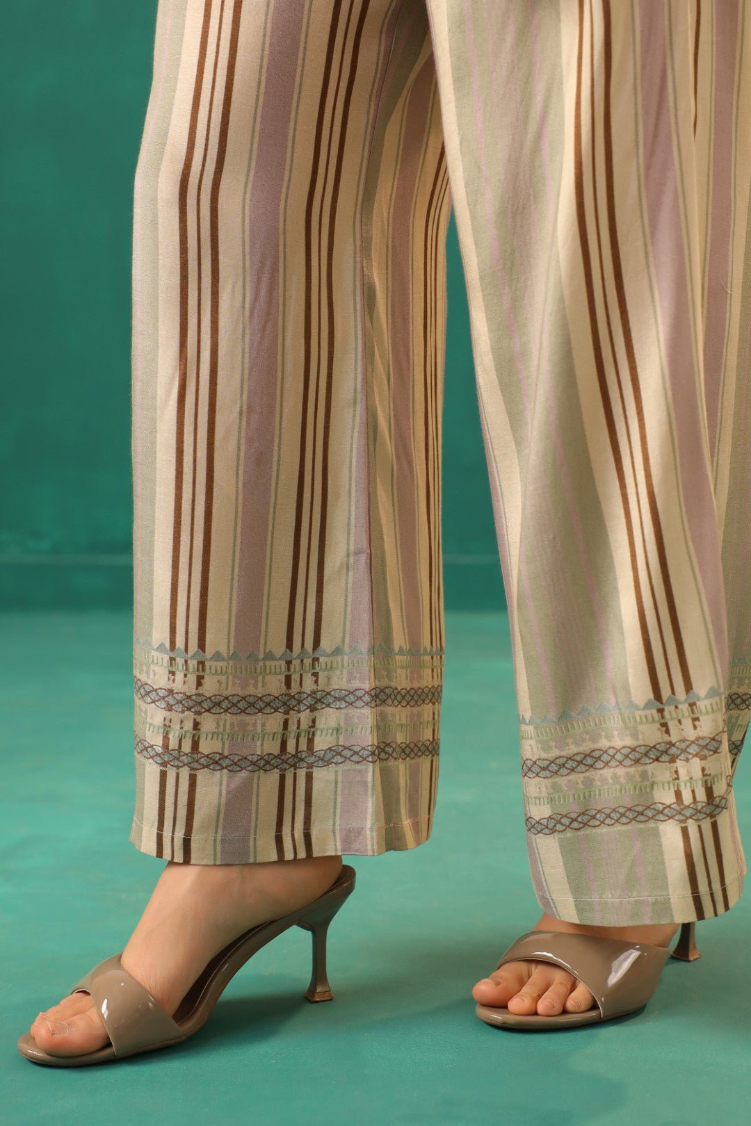Beige Striped Viscose Santoon Kurti & Pant Set for Women - Nyaro