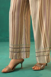 Beige Striped Viscose Santoon Kurti & Pant Set for Women - Nyaro