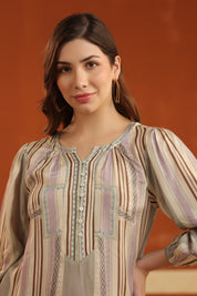 Beige Striped Viscose Santoon Kurti & Pant Set for Women - Nyaro