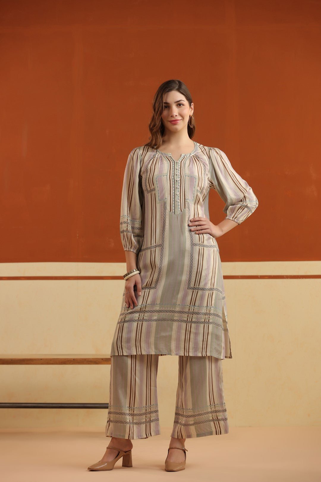 Beige Striped Viscose Santoon Kurti & Pant Set for Women - Nyaro