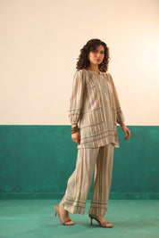 Beige Striped Viscose Santoon Kurti & Pant Set for Women - Nyaro