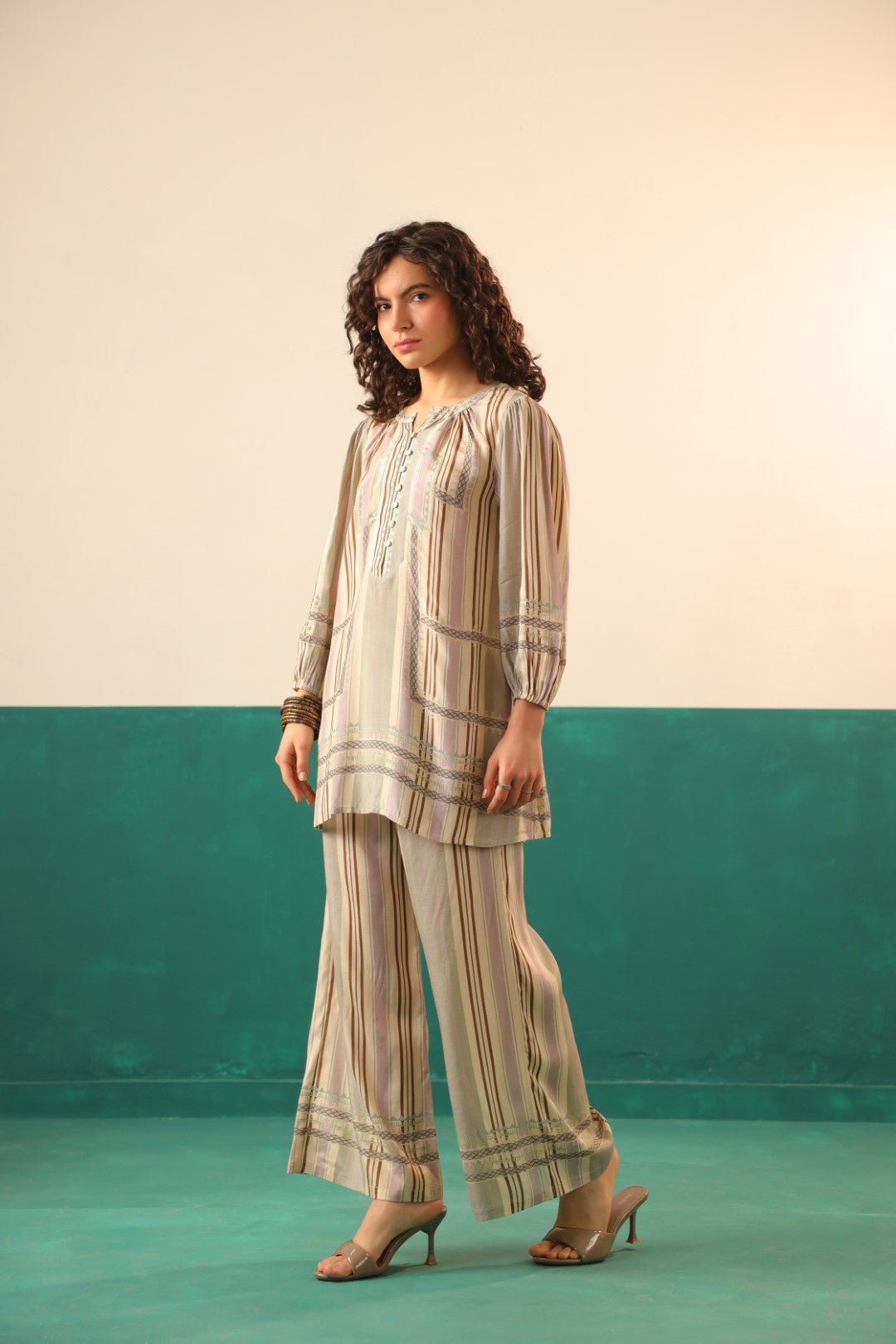 Beige Striped Viscose Santoon Kurti & Pant Set for Women - Nyaro