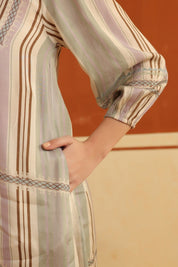 Beige Striped Viscose Santoon Kurti & Pant Set for Women - Nyaro