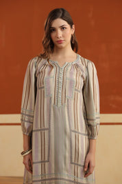 Beige Striped Viscose Santoon Kurti & Pant Set for Women - Nyaro