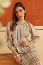 Beige Striped Viscose Santoon Kurti & Pant Set for Women - Nyaro