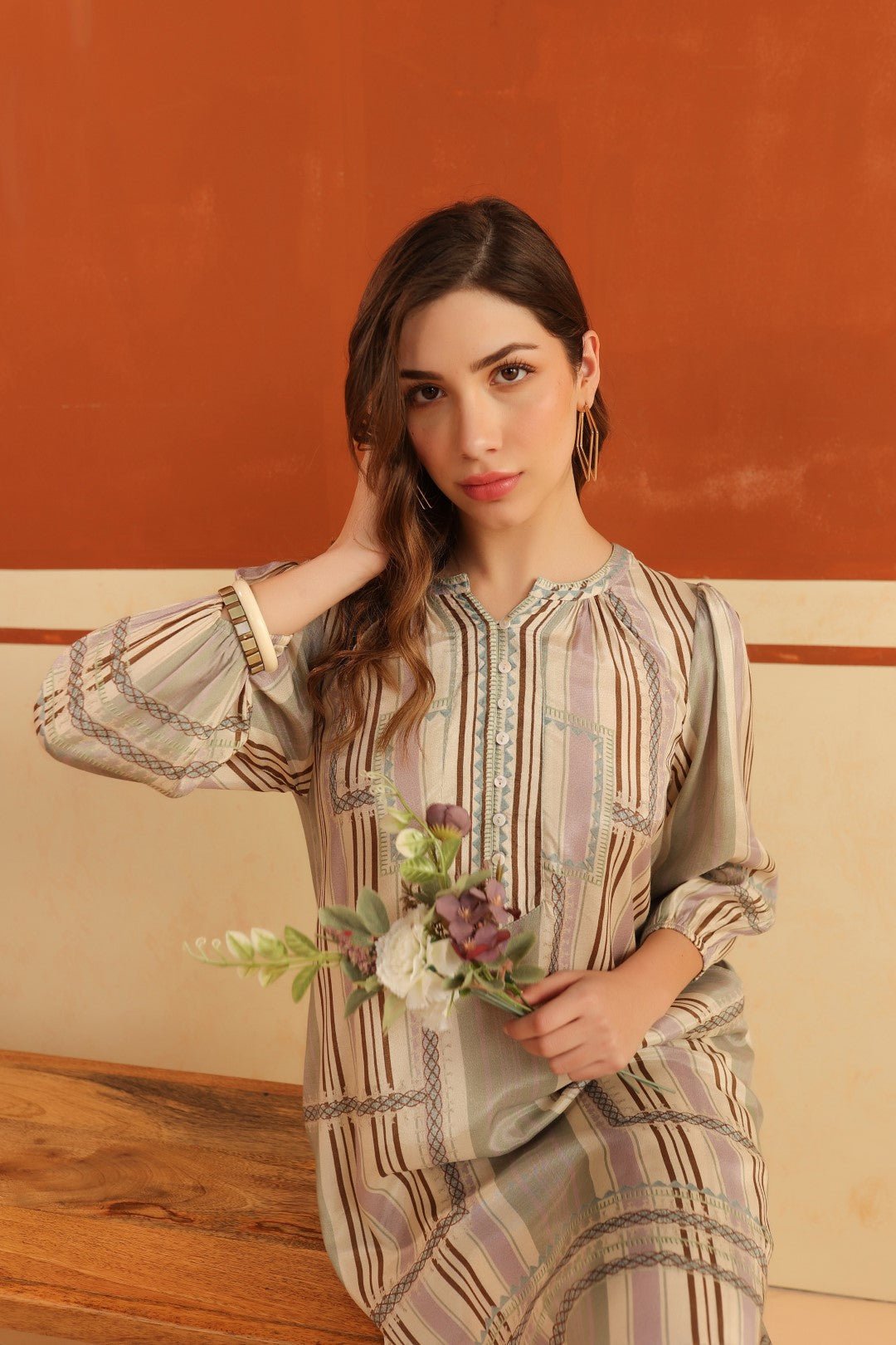 Beige Striped Viscose Santoon Kurti & Pant Set for Women - Nyaro