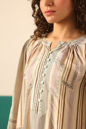 Beige Striped Viscose Santoon Kurti & Pant Set for Women - Nyaro