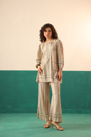 Beige Striped Viscose Santoon Kurti & Pant Set for Women - Nyaro