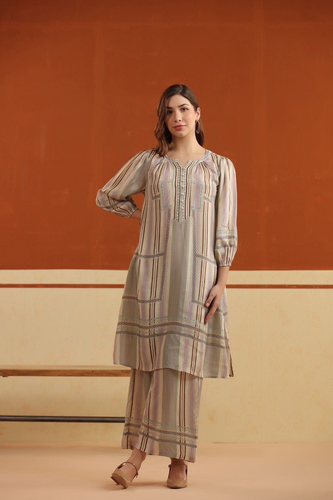 Beige Striped Viscose Santoon Kurti & Pant Set for Women - Nyaro