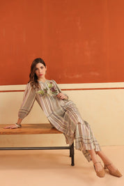 Beige Striped Viscose Santoon Kurti & Pant Set for Women - Nyaro