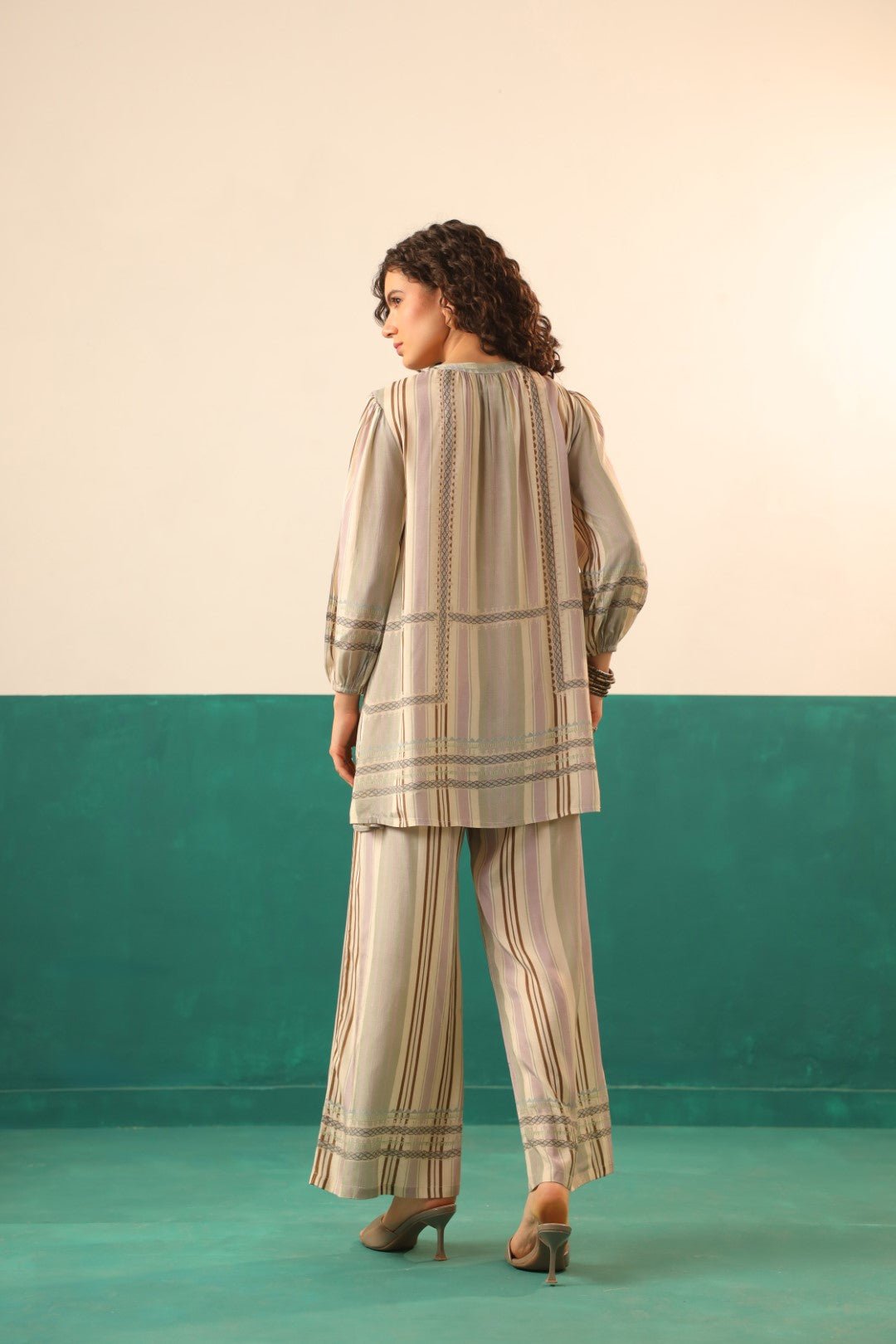 Beige Striped Viscose Santoon Kurti & Pant Set for Women - Nyaro