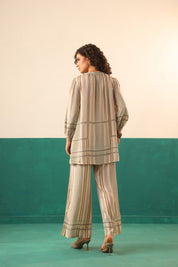 Beige Striped Viscose Santoon Kurti & Pant Set for Women - Nyaro