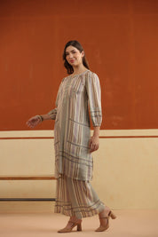 Beige Striped Viscose Santoon Kurti & Pant Set for Women - Nyaro