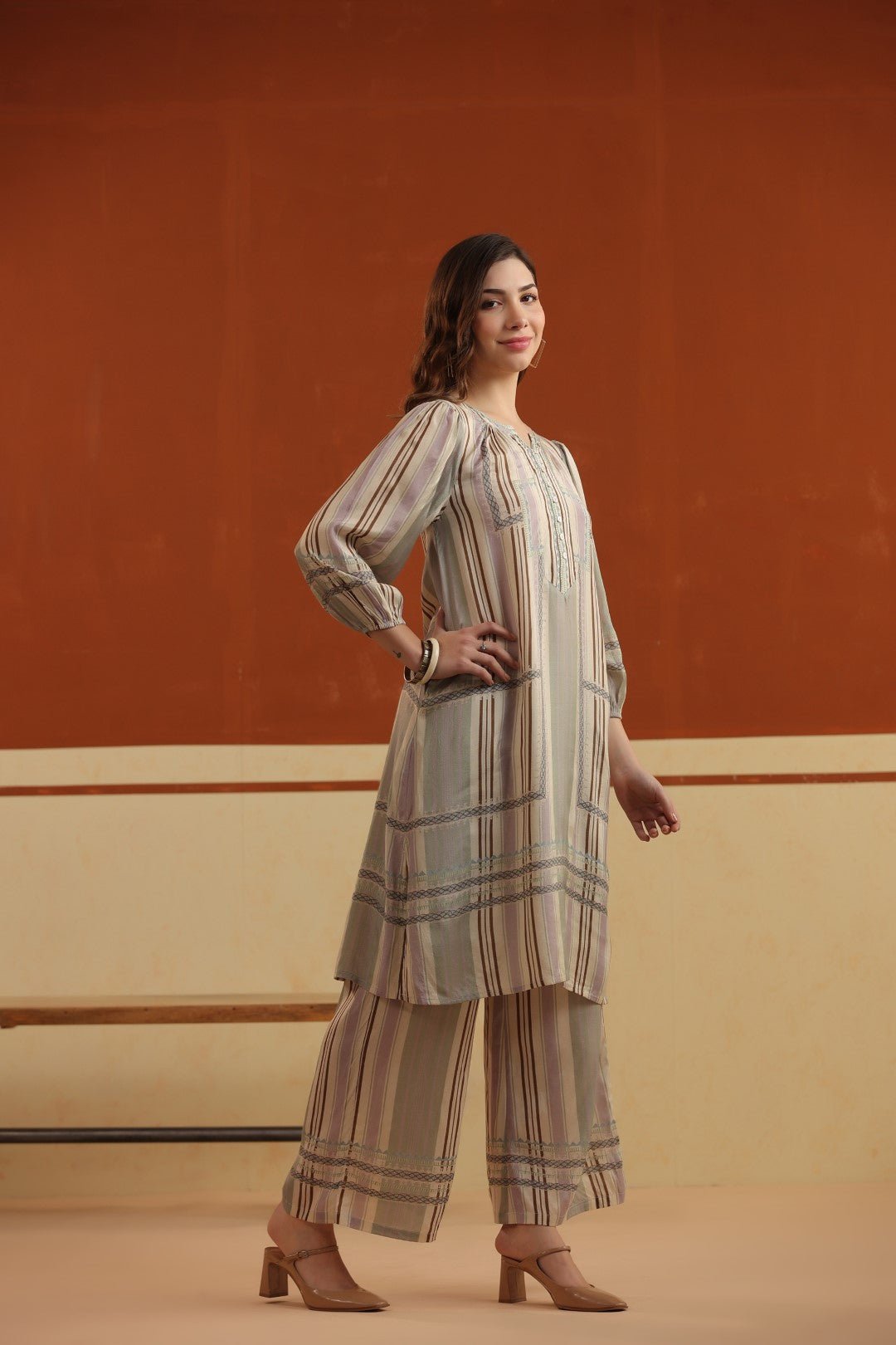 Beige Striped Viscose Santoon Kurti & Pant Set for Women - Nyaro