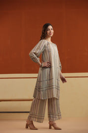 Beige Striped Viscose Santoon Kurti & Pant Set for Women - Nyaro