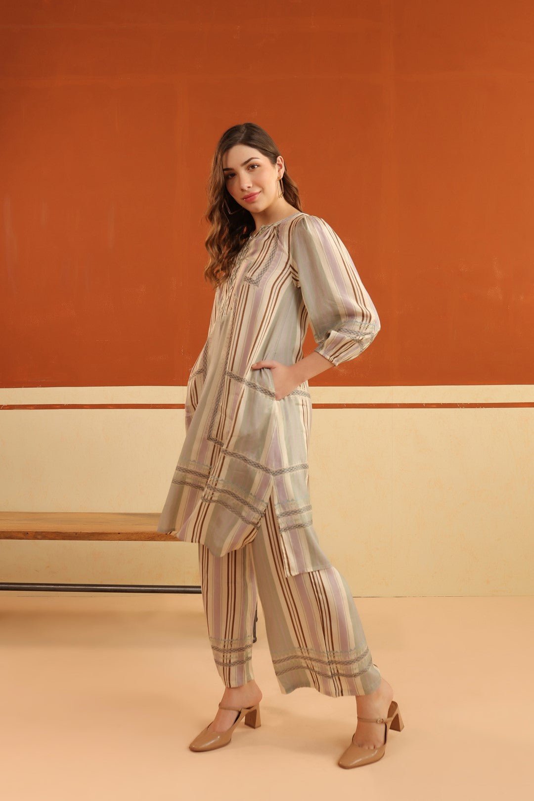 Beige Striped Viscose Santoon Kurti & Pant Set for Women - Nyaro