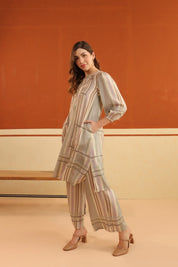 Beige Striped Viscose Santoon Kurti & Pant Set for Women - Nyaro