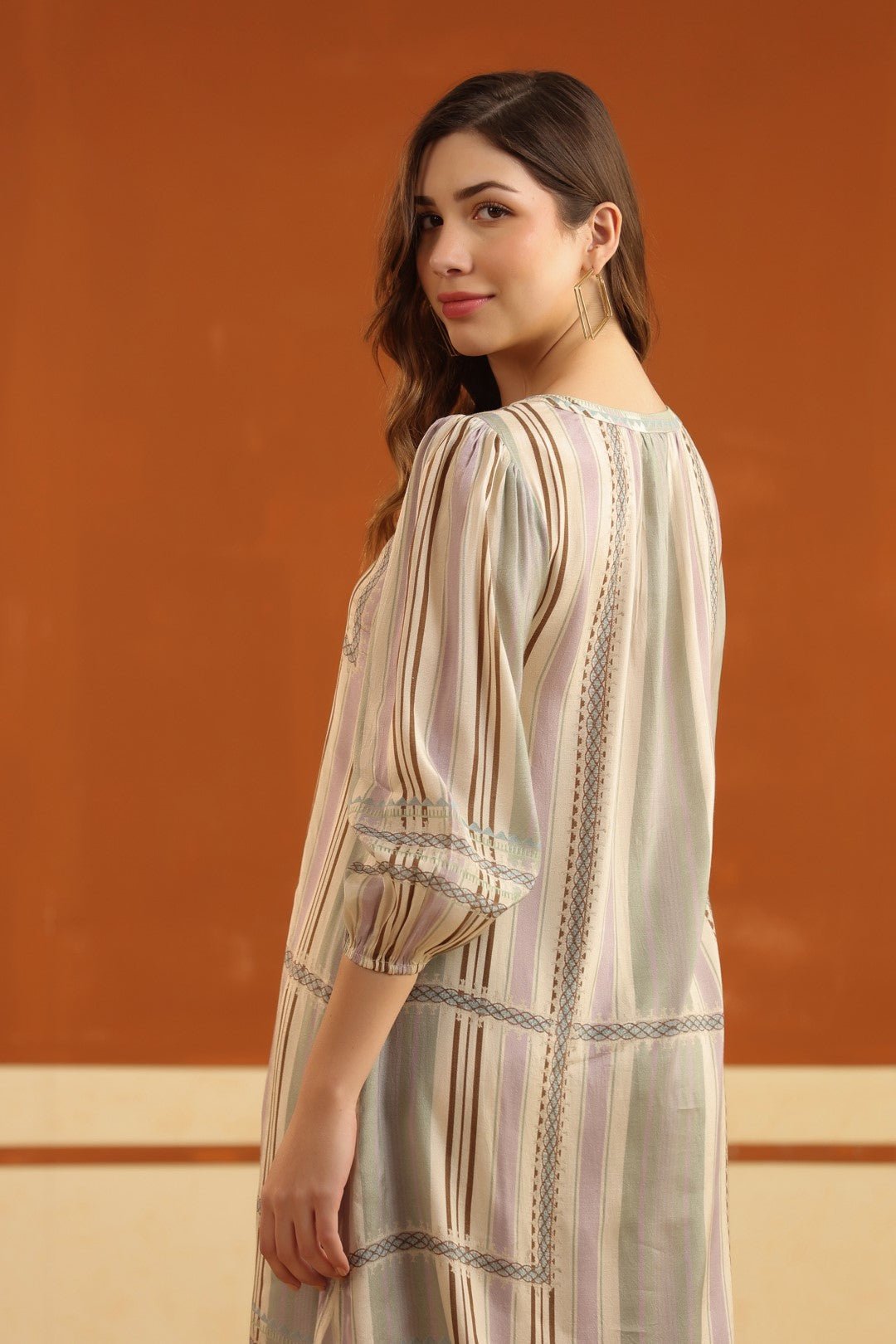 Beige Striped Viscose Santoon Kurti & Pant Set for Women - Nyaro