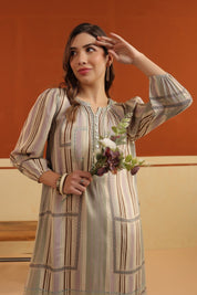 Beige Striped Viscose Santoon Kurti & Pant Set for Women - Nyaro