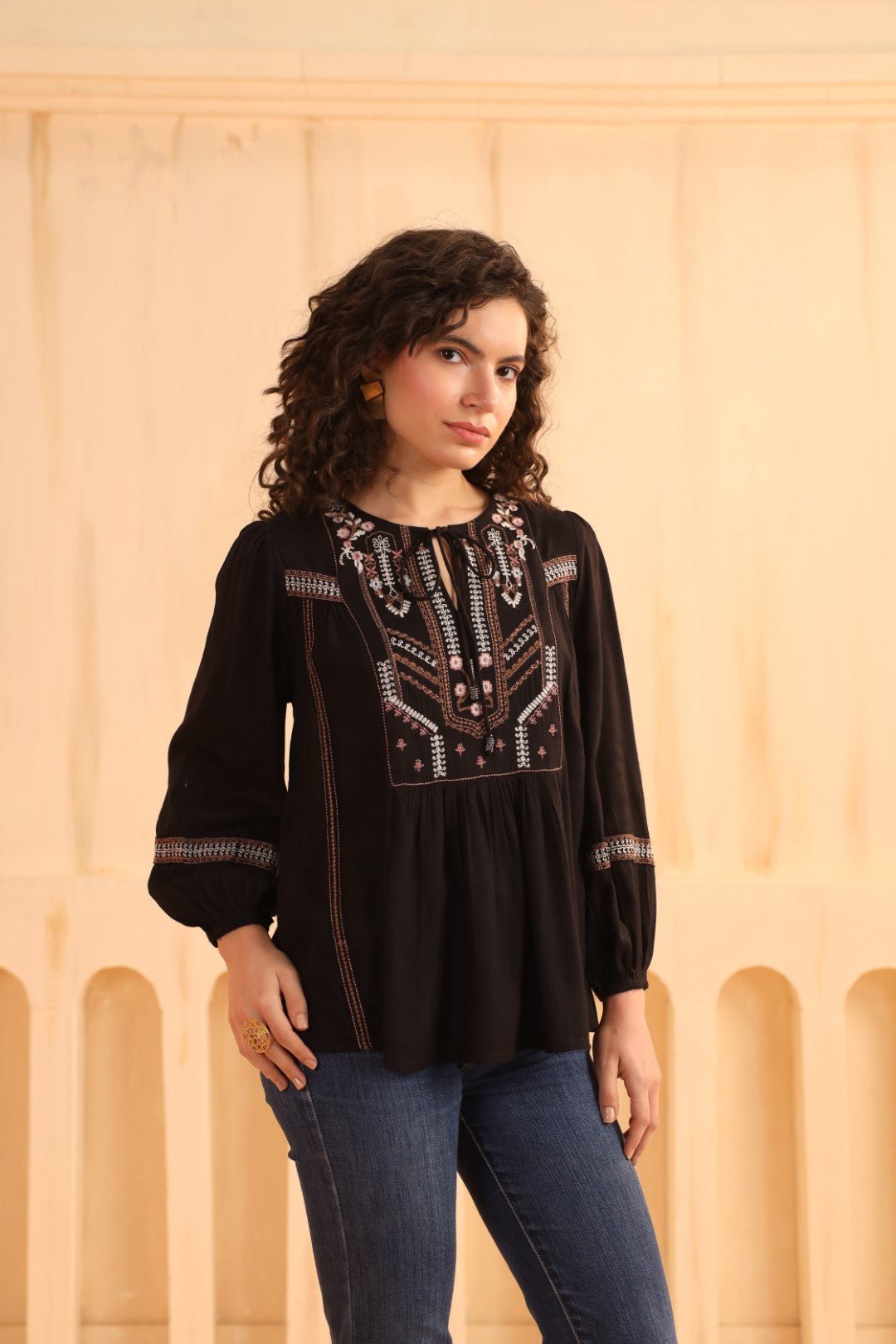 Black Embroidered Cotton Linen Gathered Top for Women - Nyaro