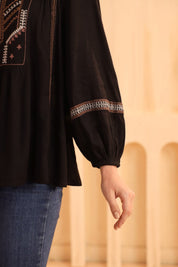 Black Embroidered Cotton Linen Gathered Top for Women - Nyaro