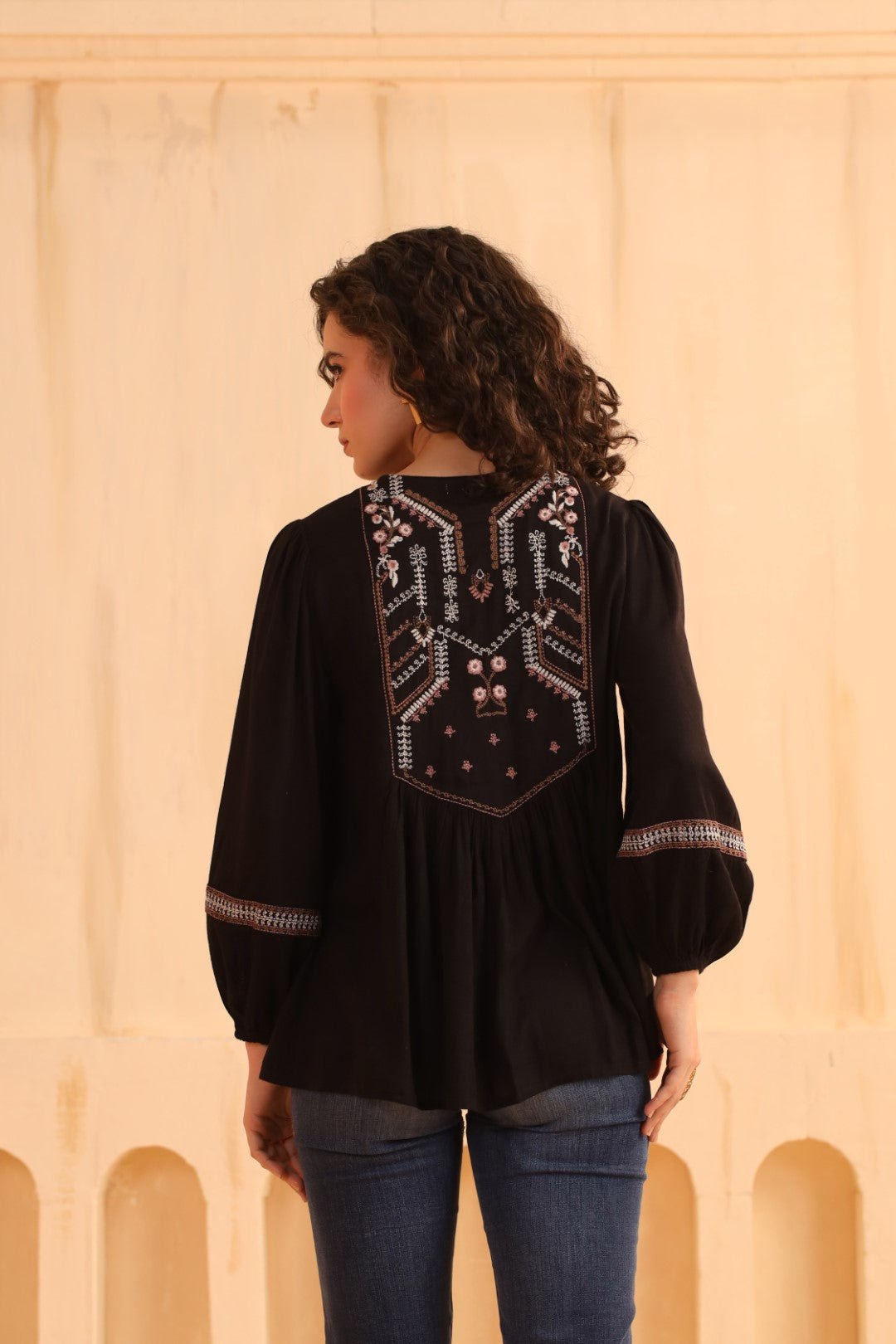 Black Embroidered Cotton Linen Gathered Top for Women - Nyaro