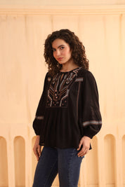 Black Embroidered Cotton Linen Gathered Top for Women - Nyaro