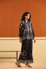 Black Printed Viscose Santoon Shirt & Pant Co - Ord Set for Women - Nyaro