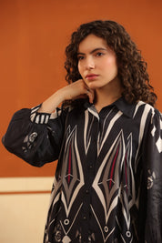 Black Printed Viscose Santoon Shirt & Pant Co - Ord Set for Women - Nyaro