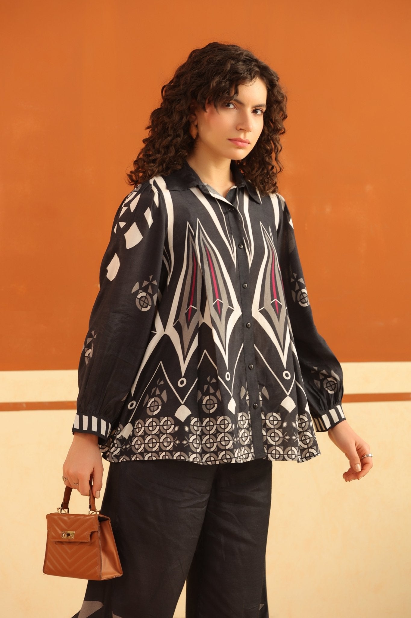 Black Printed Viscose Santoon Shirt & Pant Co - Ord Set for Women - Nyaro