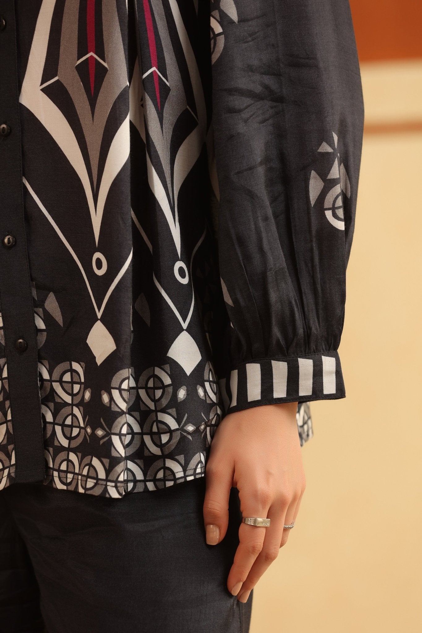 Black Printed Viscose Santoon Shirt & Pant Co - Ord Set for Women - Nyaro