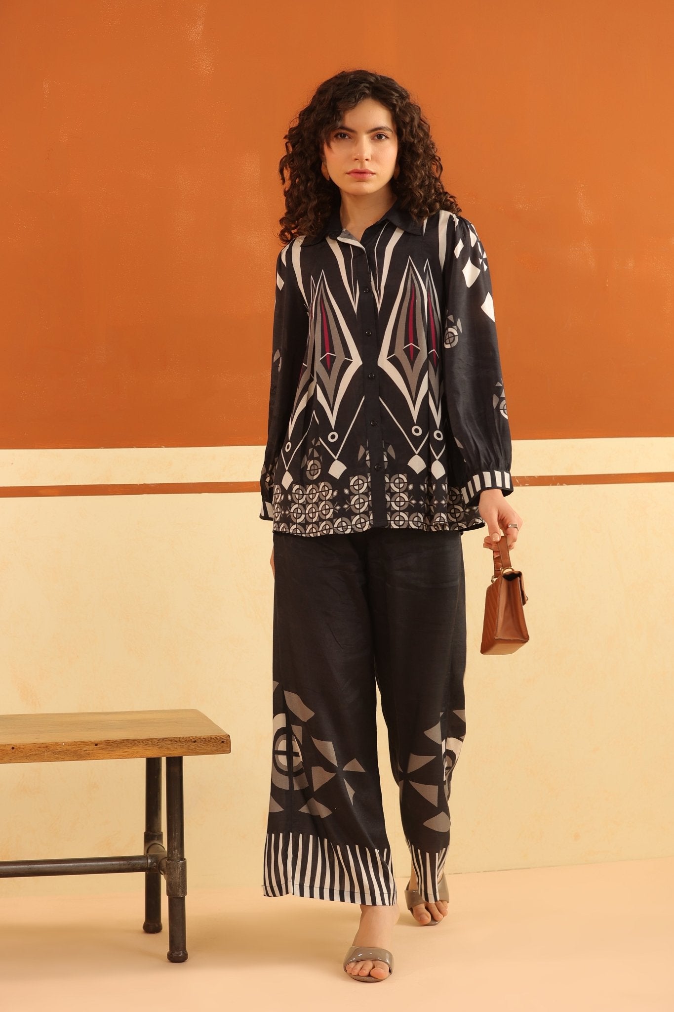 Black Printed Viscose Santoon Shirt & Pant Co - Ord Set for Women - Nyaro