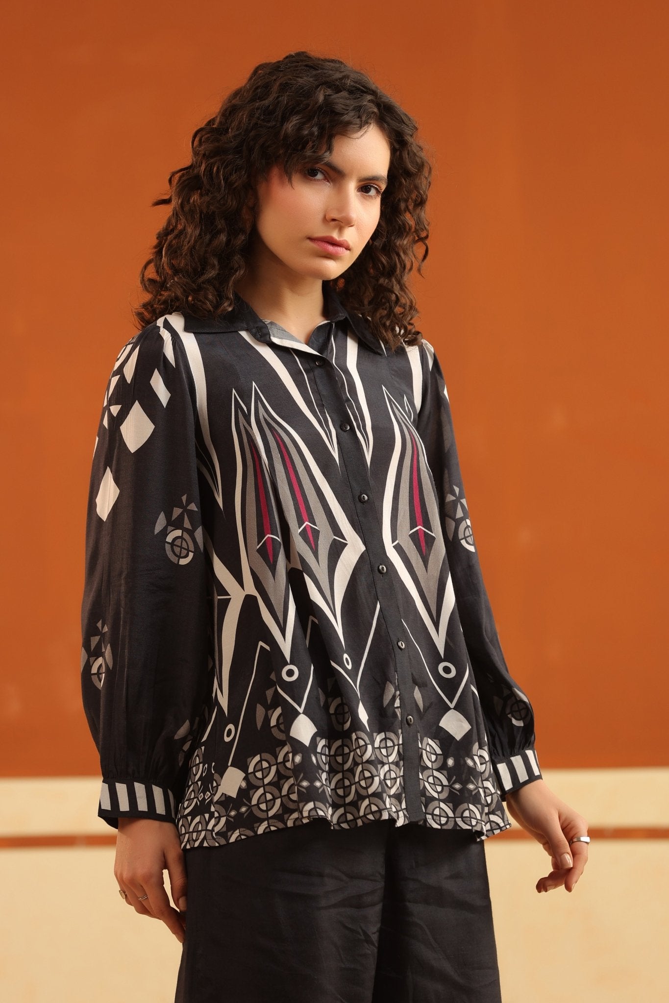 Black Printed Viscose Santoon Shirt & Pant Co - Ord Set for Women - Nyaro