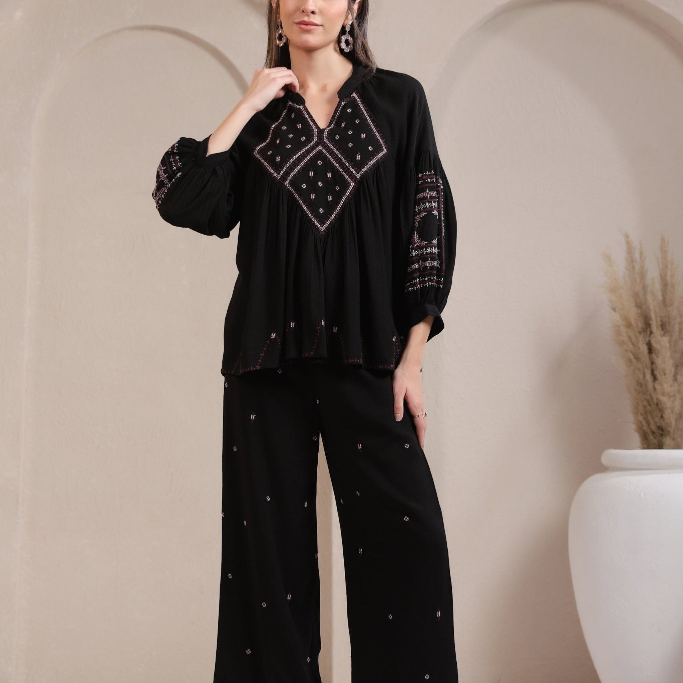 Chic Black Cotton Flex Co - ord Set with Ethnic Embroidery - Nyaro
